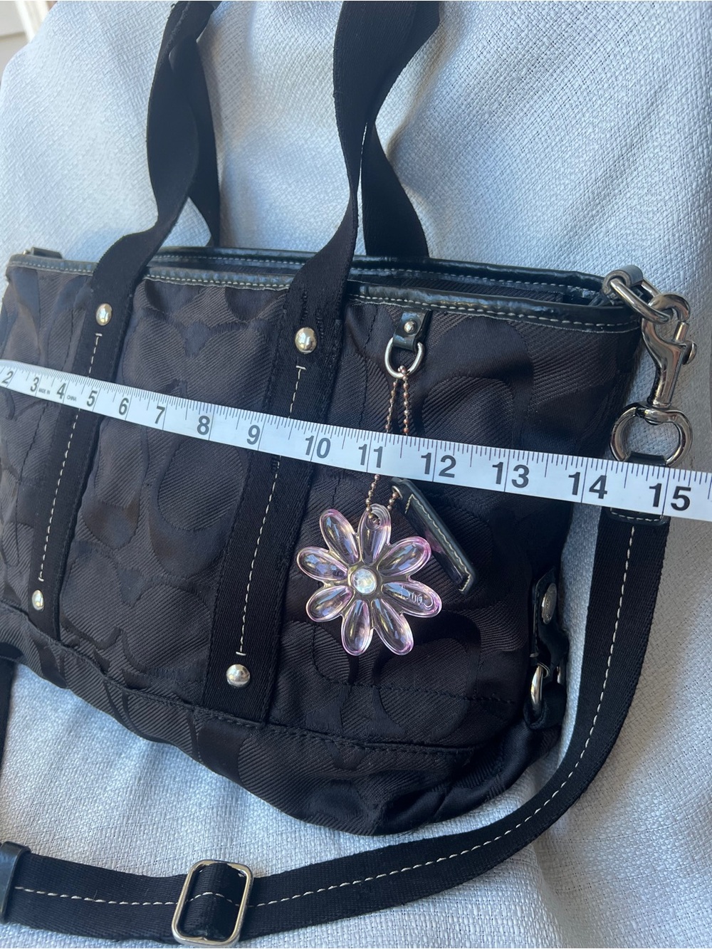 Coach Black Signature Tote with Purple Flower Charm - Picture 8 of 16